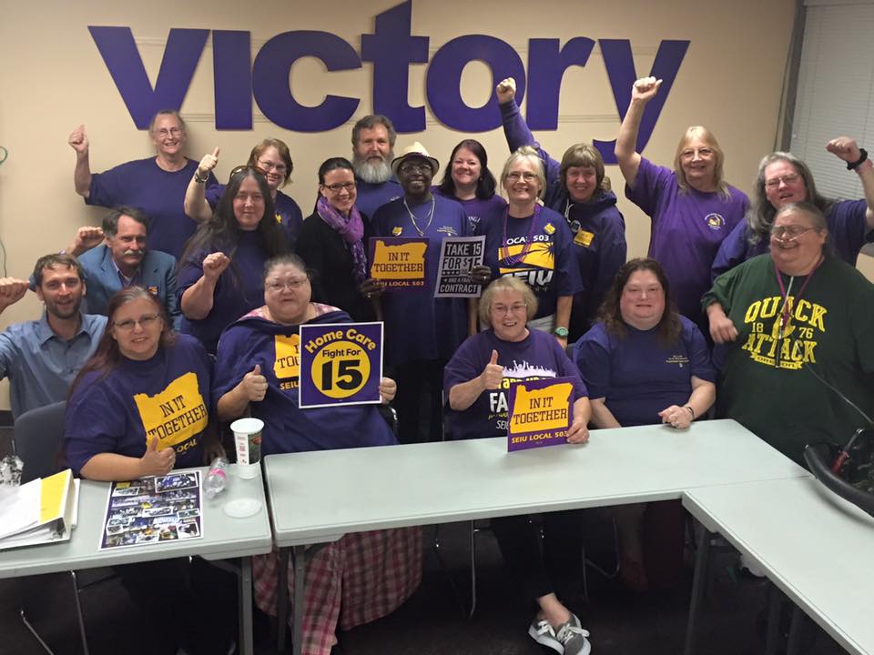 The homecare and personal support workers bargaining team celebrating a hardwon victory.