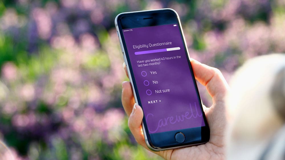 A Carewell eligibility questionnaire on a mobile phone screen